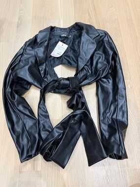 Missguided Black Faux Leather Tie-Front Blazer